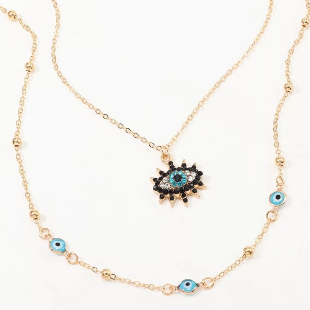 Eye pendant chain necklace, double layer.